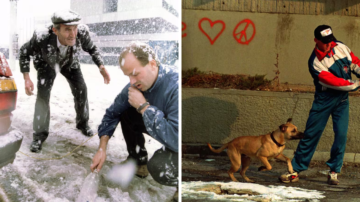 Izquierda Un taxista comparte combustible con un anciano. Derecha Nazif Zahirovic, soldado bosnio de 17 años, juega con su perro (26 de noviembre de 1995).