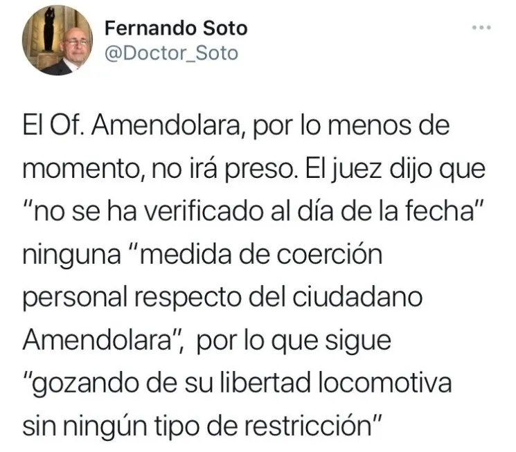 Soto confirmó que obtuvo la eximición de prisión para Amendolara.