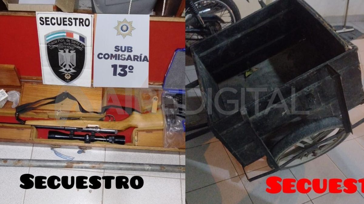 A la izquierda, la carabina secuestrada, a la derecha, el carro en el que los ladrones trasladaron las bolsas de cemento robadas.