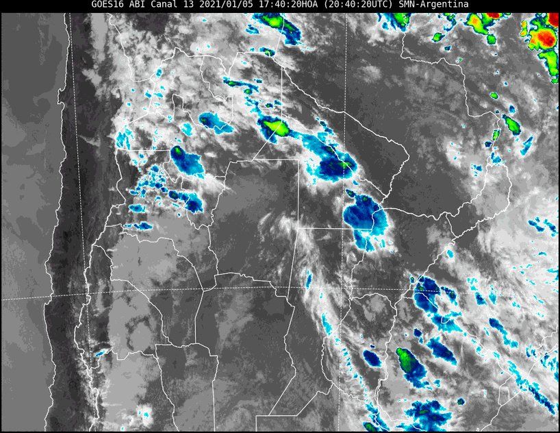 En la imagen satelital se observa una franja de nubes que avanza hacia el noreste produciendo algunas precipitaciones aisladas.