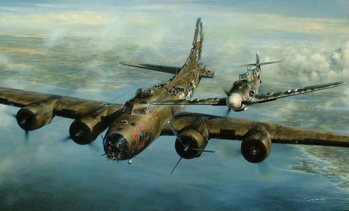 El B-17 presentaba incontables impactos de bala y cañones, un motor apagado, los otros con poca potencia y humeando y, al situarse a la par, Stigler vio a Brown en el cockpit y que, con mucho esfuerzo, trataba de mantener a su bombardero en vuelo.