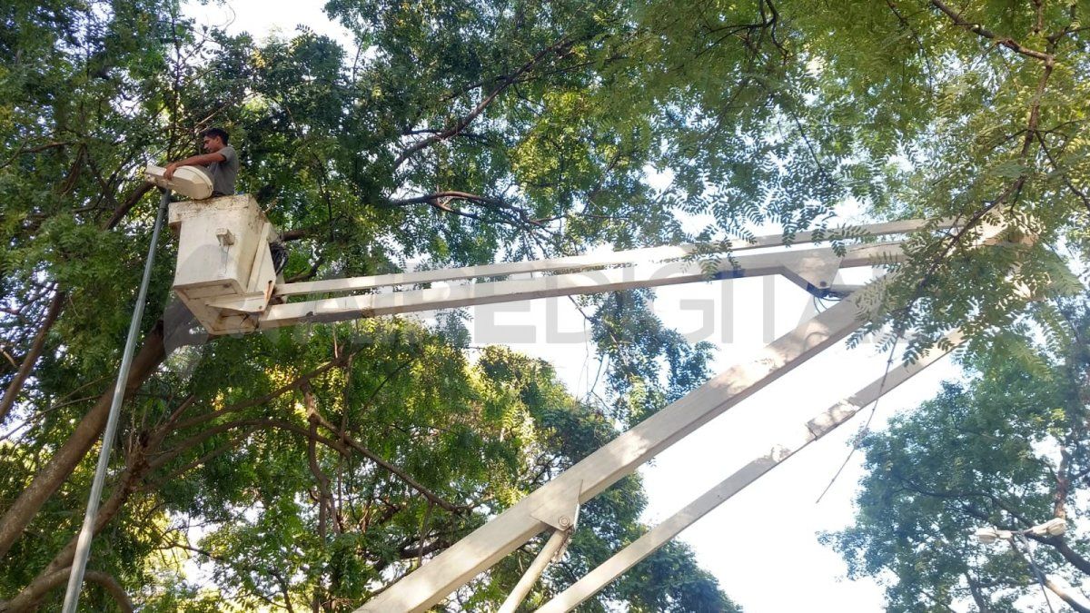 Este miércoles, una cuadrilla de la Municipalidad con una grúa trabajó en la parte trasera del Centro Municipal de Seguridad Vial, en sentido a calle Crespo, donde se robaron los cables de las columnas de alumbrado y dejaron a oscuras el lugar.