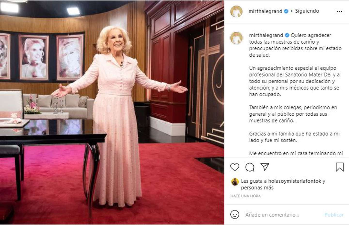 El primer mensaje de Mirtha Legrand tras recibir el alta médica.