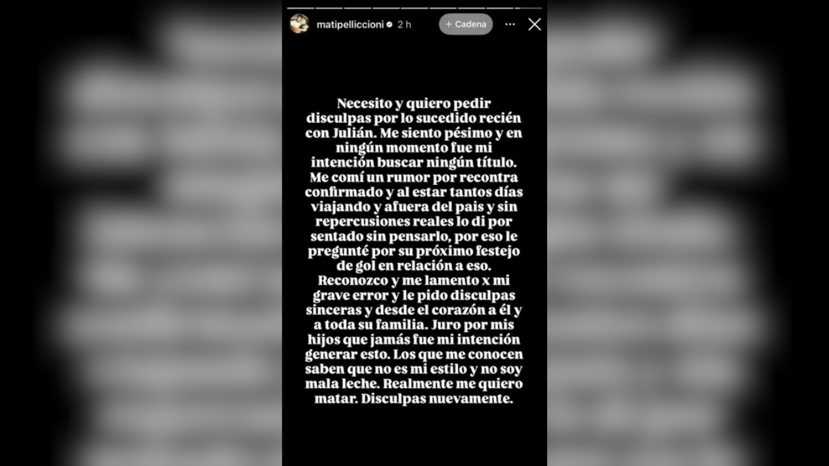 El descargo de Matías Pelliccioni en sus redes sociales. El descargo de Matías Pelliccioni en sus redes sociales.