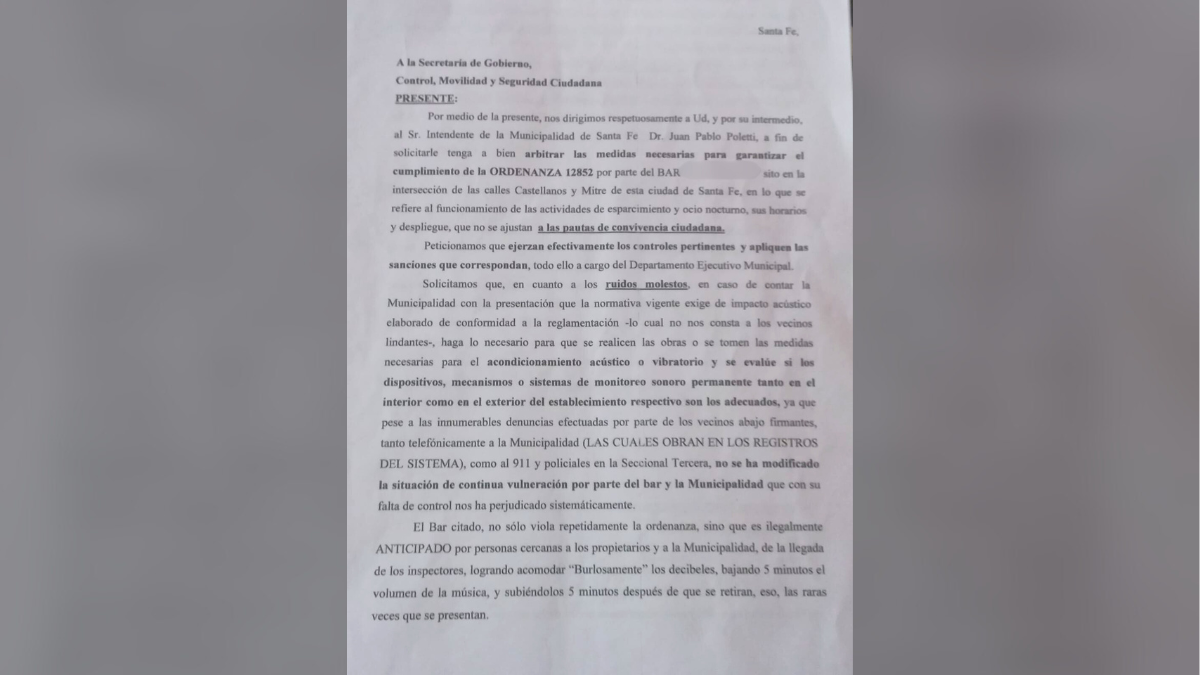 Captura de la denuncia realizada por los vecinos de Candioti Norte. Captura de la denuncia realizada por los vecinos de Candioti Norte.