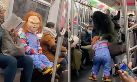 El muñeco diabólico Chucky ataca a la gente que viaja en subte sin barbijo El muñeco diabólico Chucky ataca a la gente que viaja en subte sin barbijo
