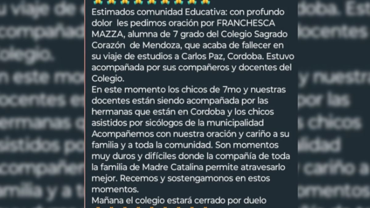 La desgarradora despedida a Francesca Mazza, su escuela en Mendoza la despidió en un emotivo duelo. La desgarradora despedida a Francesca Mazza, su escuela en Mendoza la despidió en un emotivo duelo.
