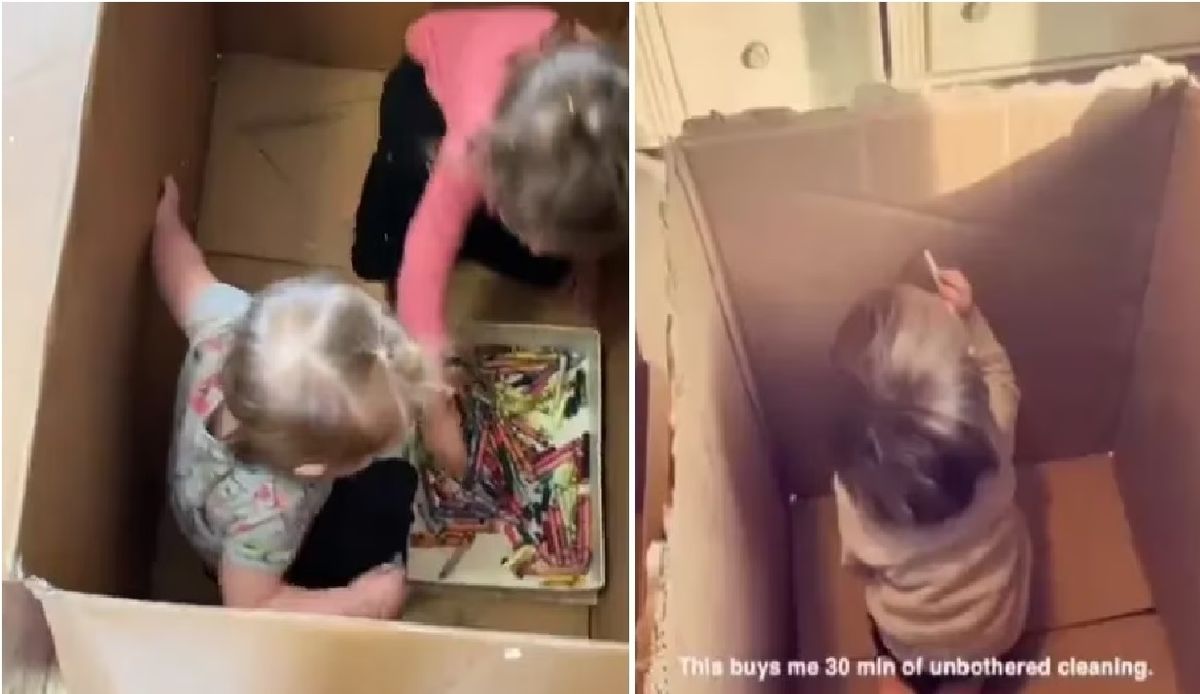 Metió a sus hijitos en una caja para poder estar tranquila y las redes la destrozaron: ¿No tienen un dormitorio para jugar?