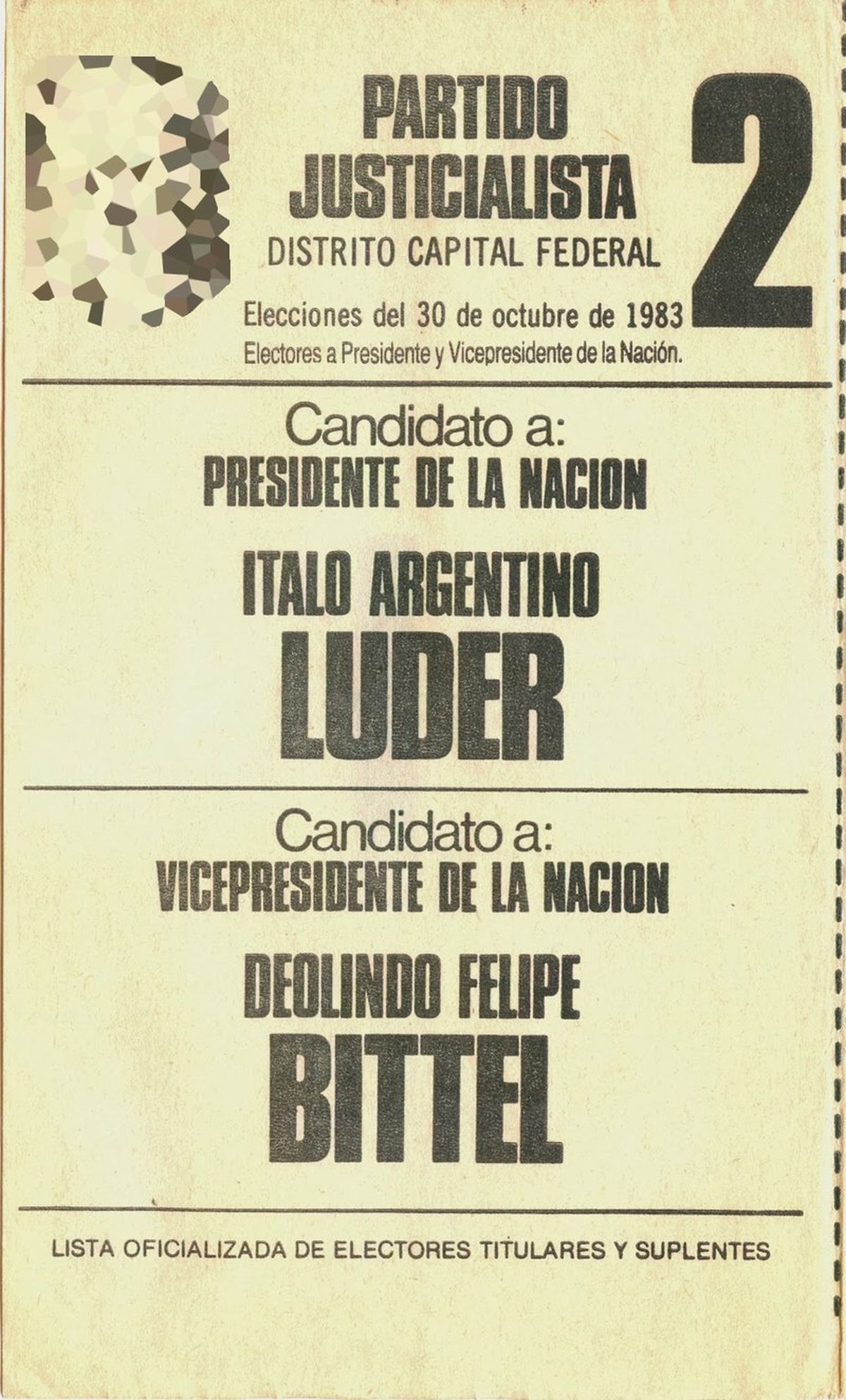 Boleta del Partido Justicialista para las elecciones de 1983.