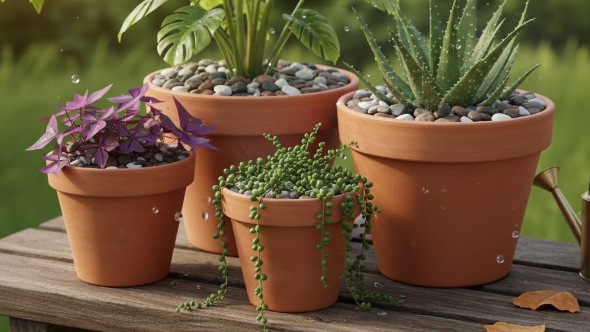 Poner piedras pequeñas sobre la tierra de las macetas.