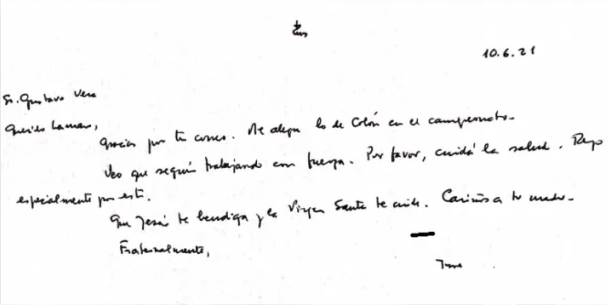 La carta que el papa Francisco le envió al club Colón tras salir campeón en 2021. La carta que el papa Francisco le envió al club Colón tras salir campeón en 2021.