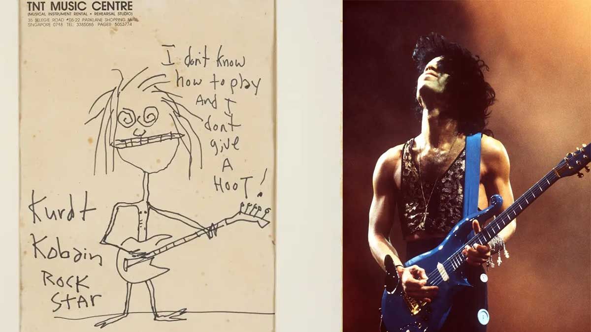 La caricatura de Kurt Cobain y la guitarra de Prince