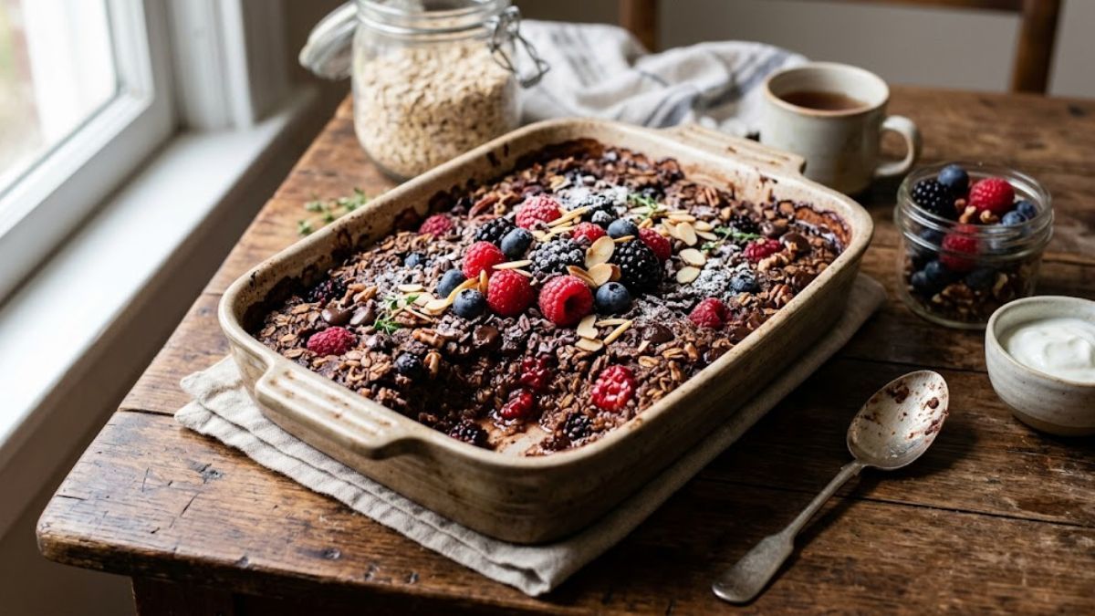 La receta saludable para hacer avena horneada con cacao y frutos rojos.