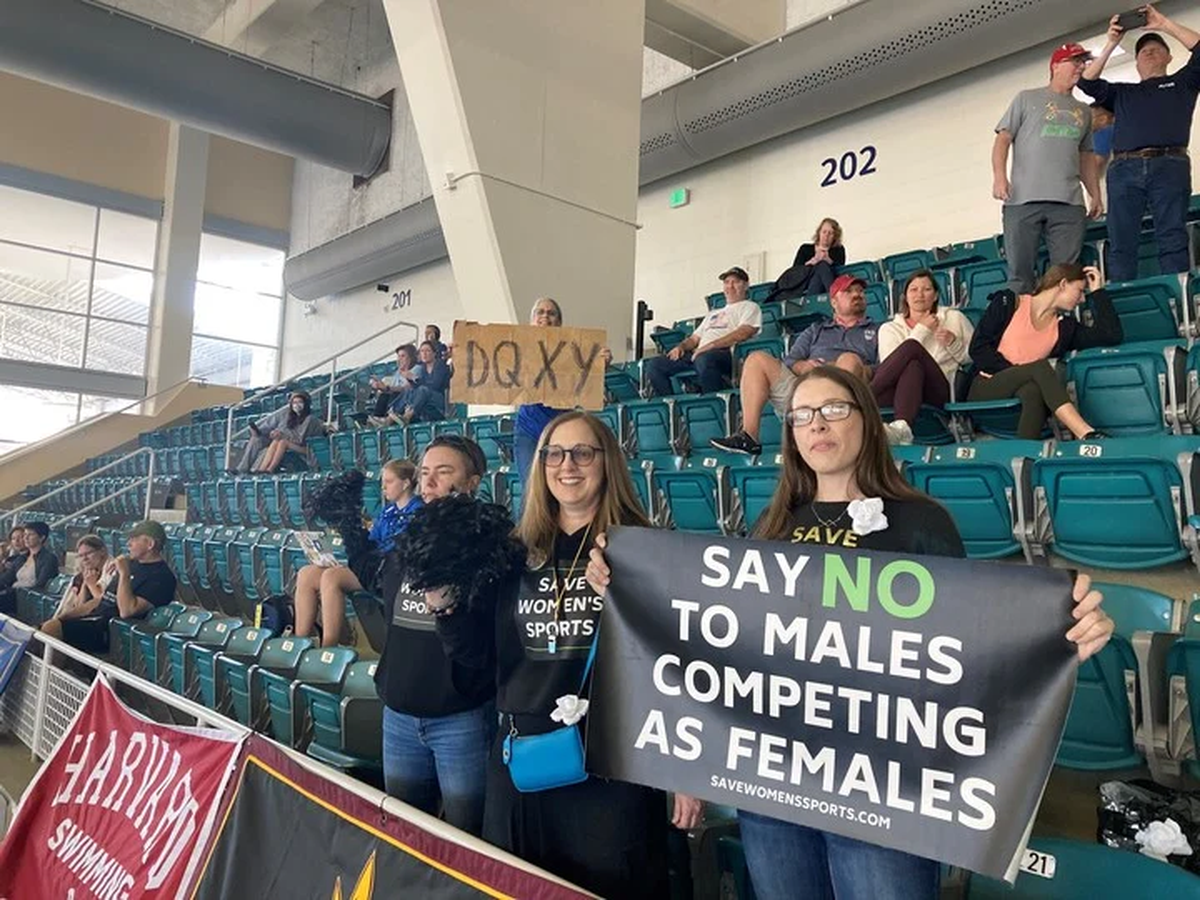 La inclusión de la nadadora trans Lia Thomas en las finales de la Ivy League no dejó contentos a todos. "Digamos no a los hombres compitiendo con mujeres", se lee en el cartel. Foto Twitter