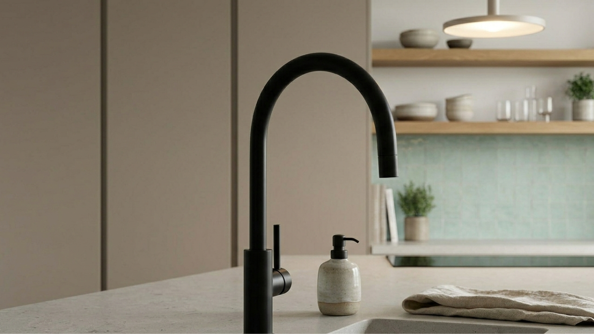 Un primer plano centrado en una bacha de cocina moderna y profunda. La protagonista es una grifería monocomando de cuello de cisne alto, en acabado negro mate. Contrasta elegantemente con la mesada de color claro y la pared de zellige verde suave que se ve desenfocada atrás.
