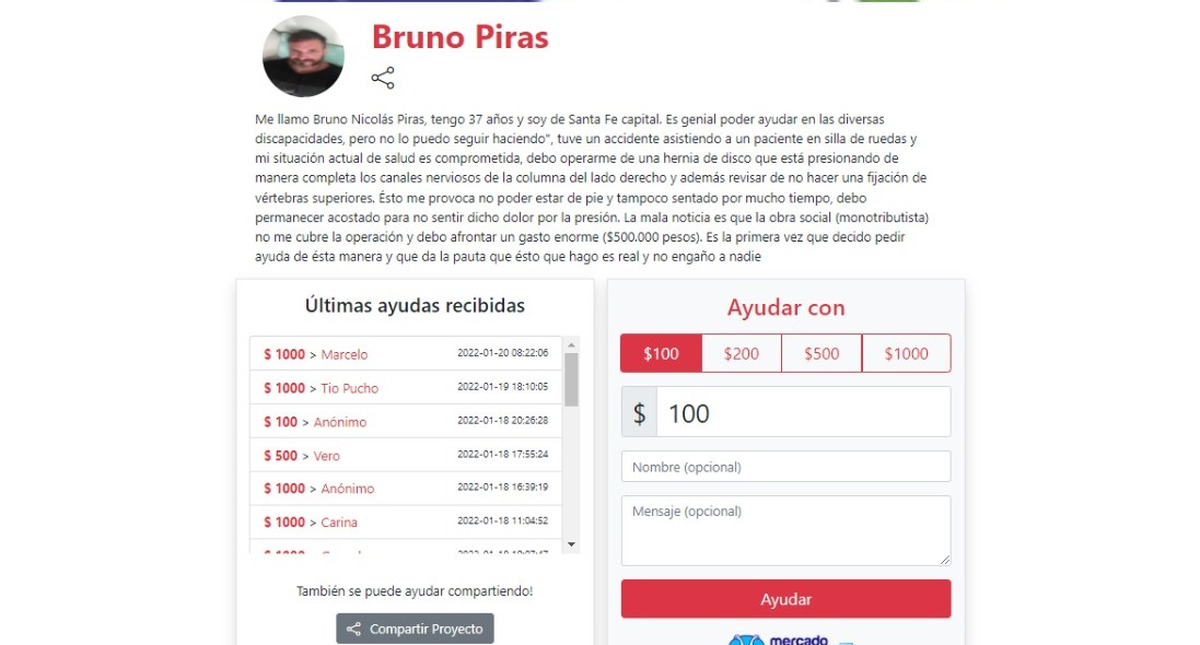 La página en la que Bruno Piras recauda fondos.