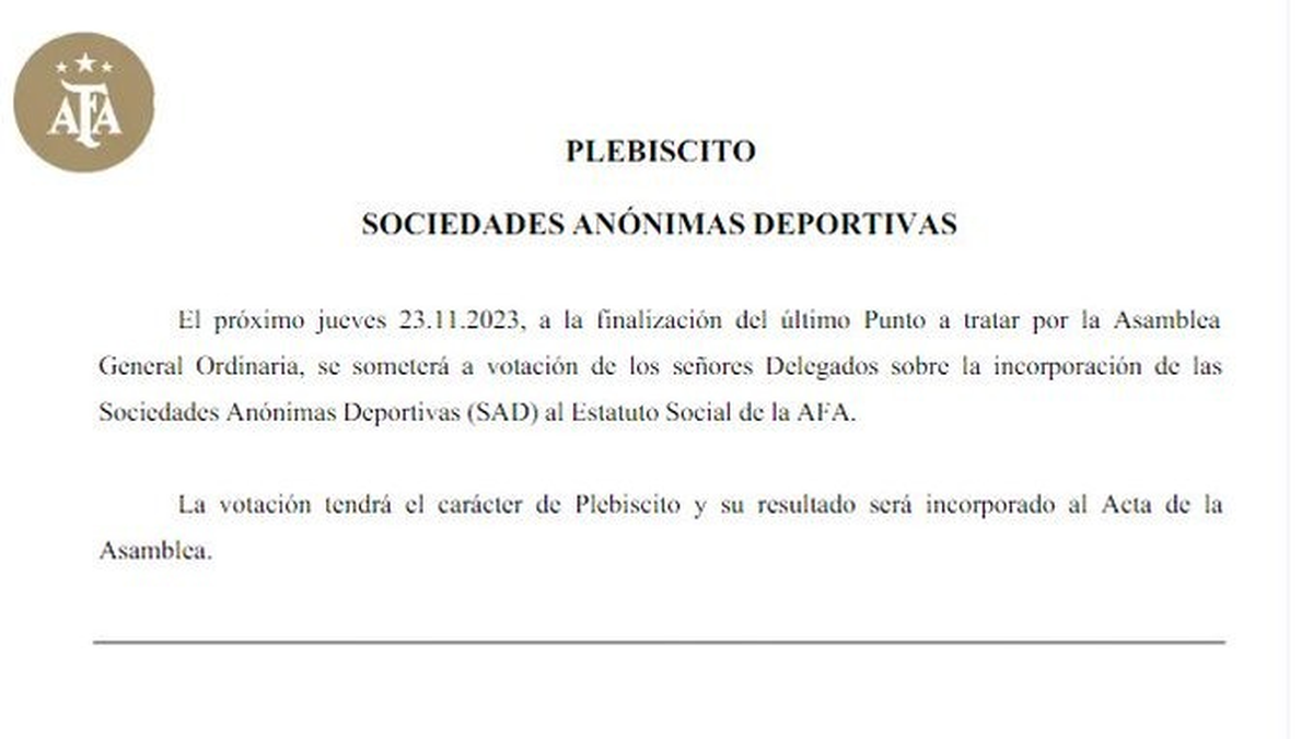 La AFA convoca a un plebiscito para tratar por Asamblea el ingreso de las SAD al Fútbol Argentino. La AFA convoca a un plebiscito para tratar por Asamblea el ingreso de las SAD al Fútbol Argentino.