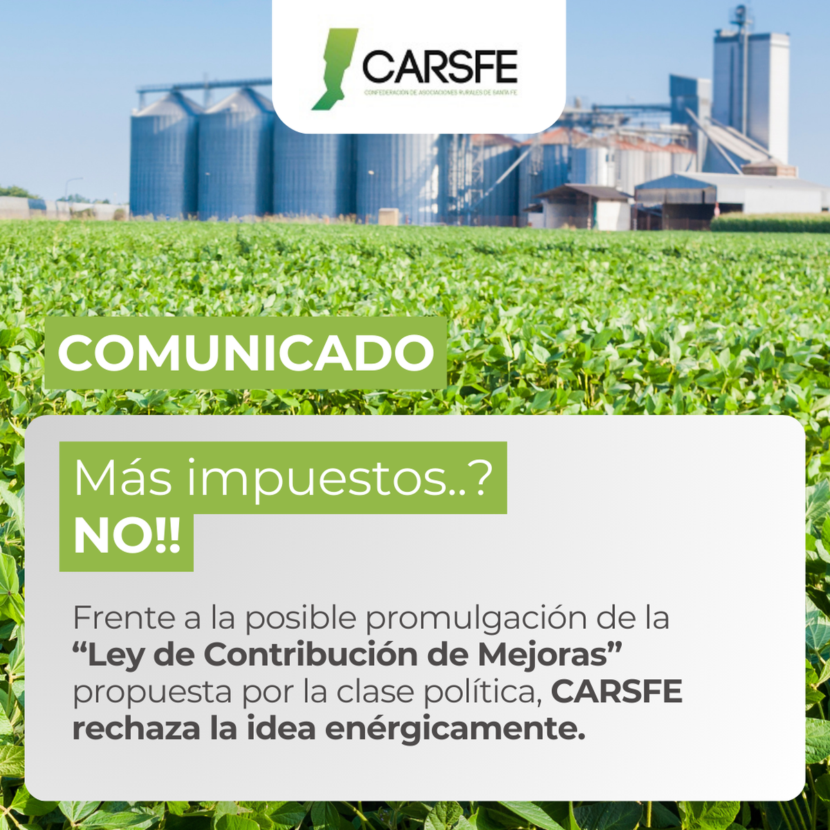 CARSFE se manifestó en contra del pago por concepto de contribución por mejoras de las rutas provinciales. CARSFE se manifestó en contra del pago por concepto de contribución por mejoras de las rutas provinciales.