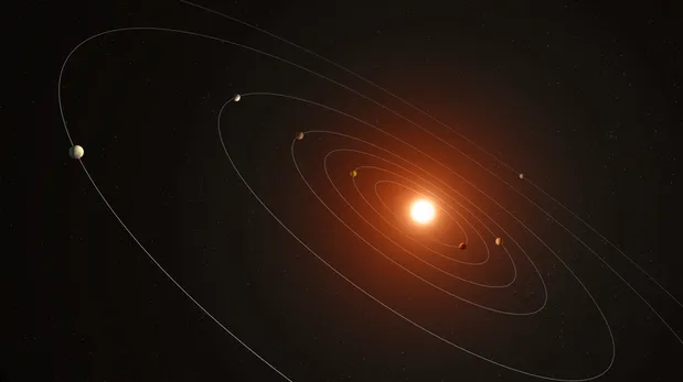 Concepto artístico de Kepler-385, el sistema de siete planetas revelado en un nuevo catálogo de candidatos a planetas descubiertos por el telescopio espacial Kepler de la NASA.