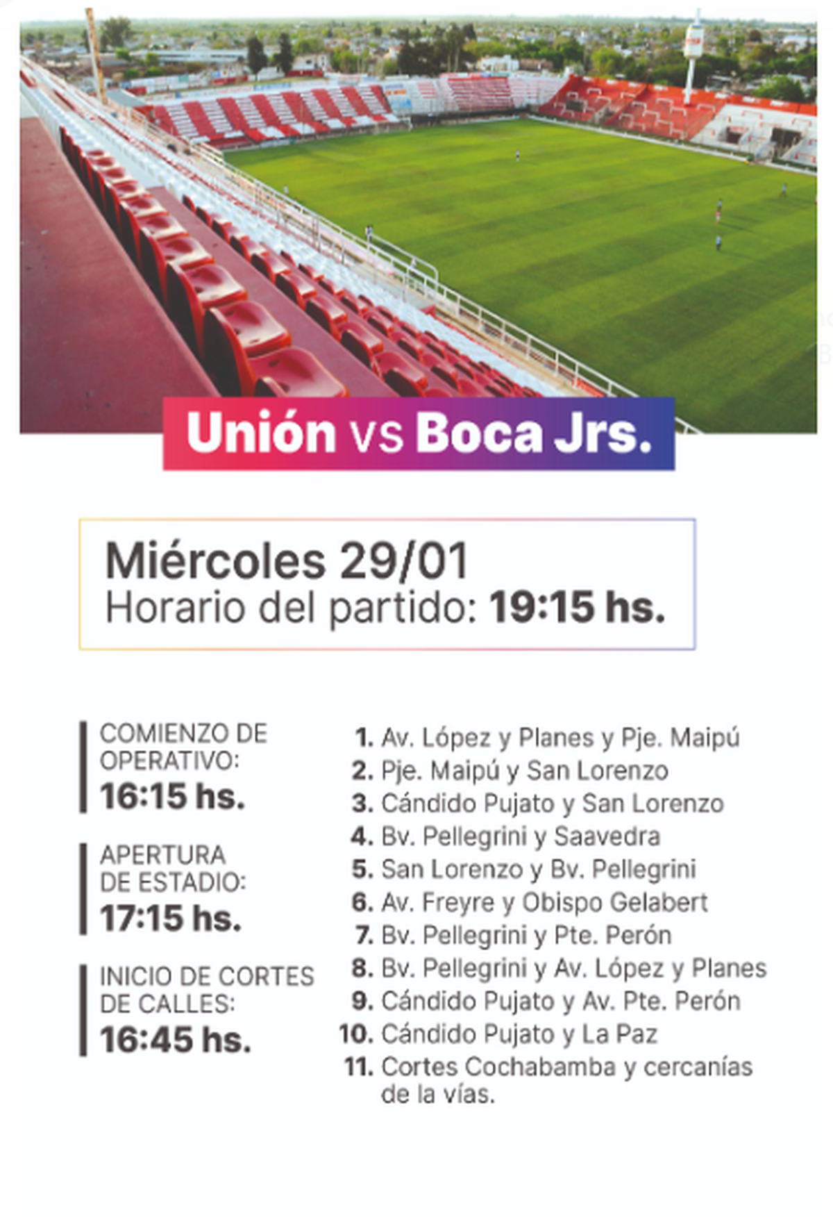 Unión vs Boca en Santa Fe: todos los cortes y desvíos de calles, apertura del estadio y datos del operativo.