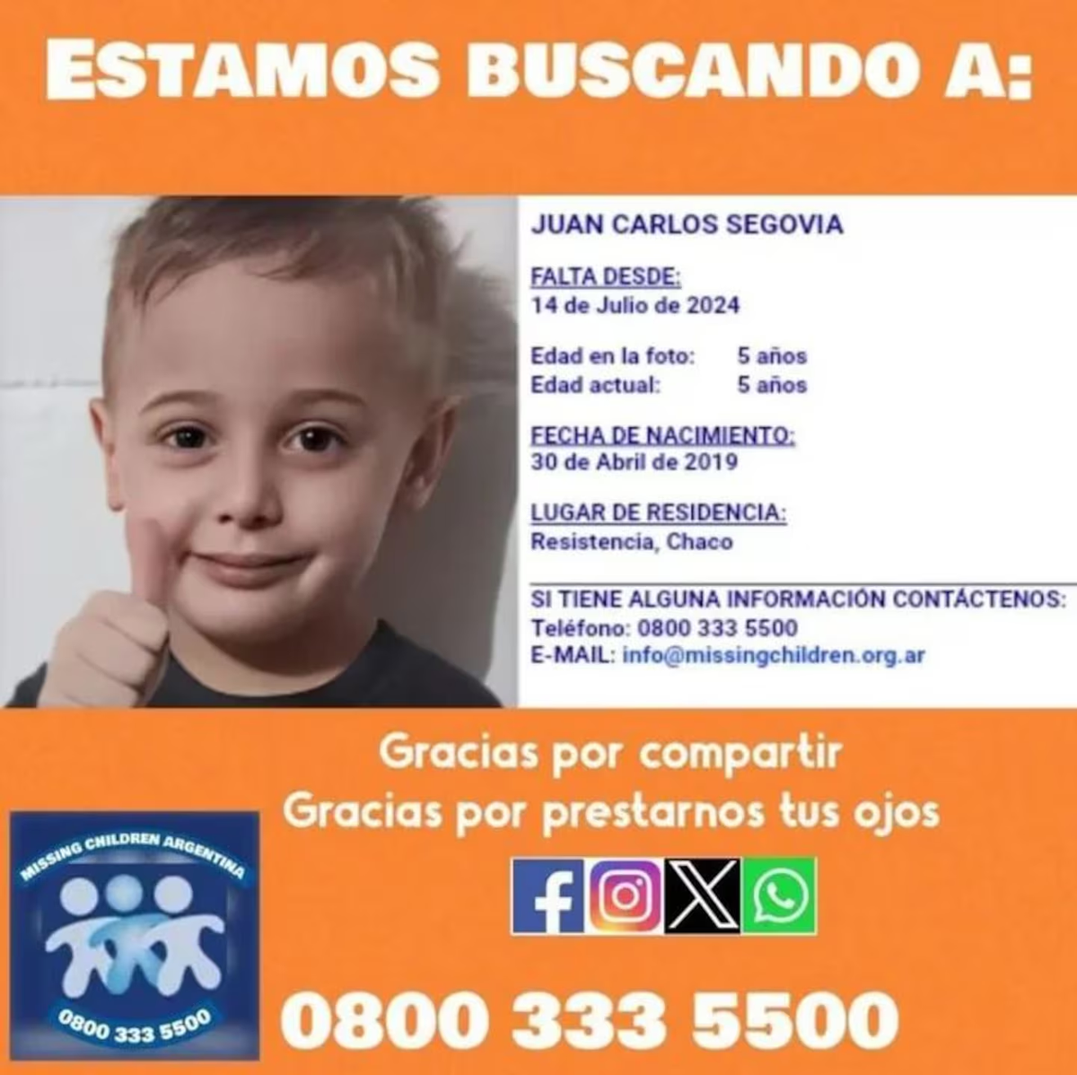 Missing Children Argentina emitió una alerta nacional para dar con el paradero de Juan Carlos Segovia. Missing Children Argentina emitió una alerta nacional para dar con el paradero de Juan Carlos Segovia.