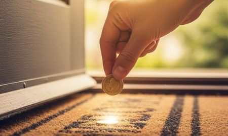 Poner una moneda debajo de la alfombra de la puerta como ritual. Poner una moneda debajo de la alfombra de la puerta como ritual.