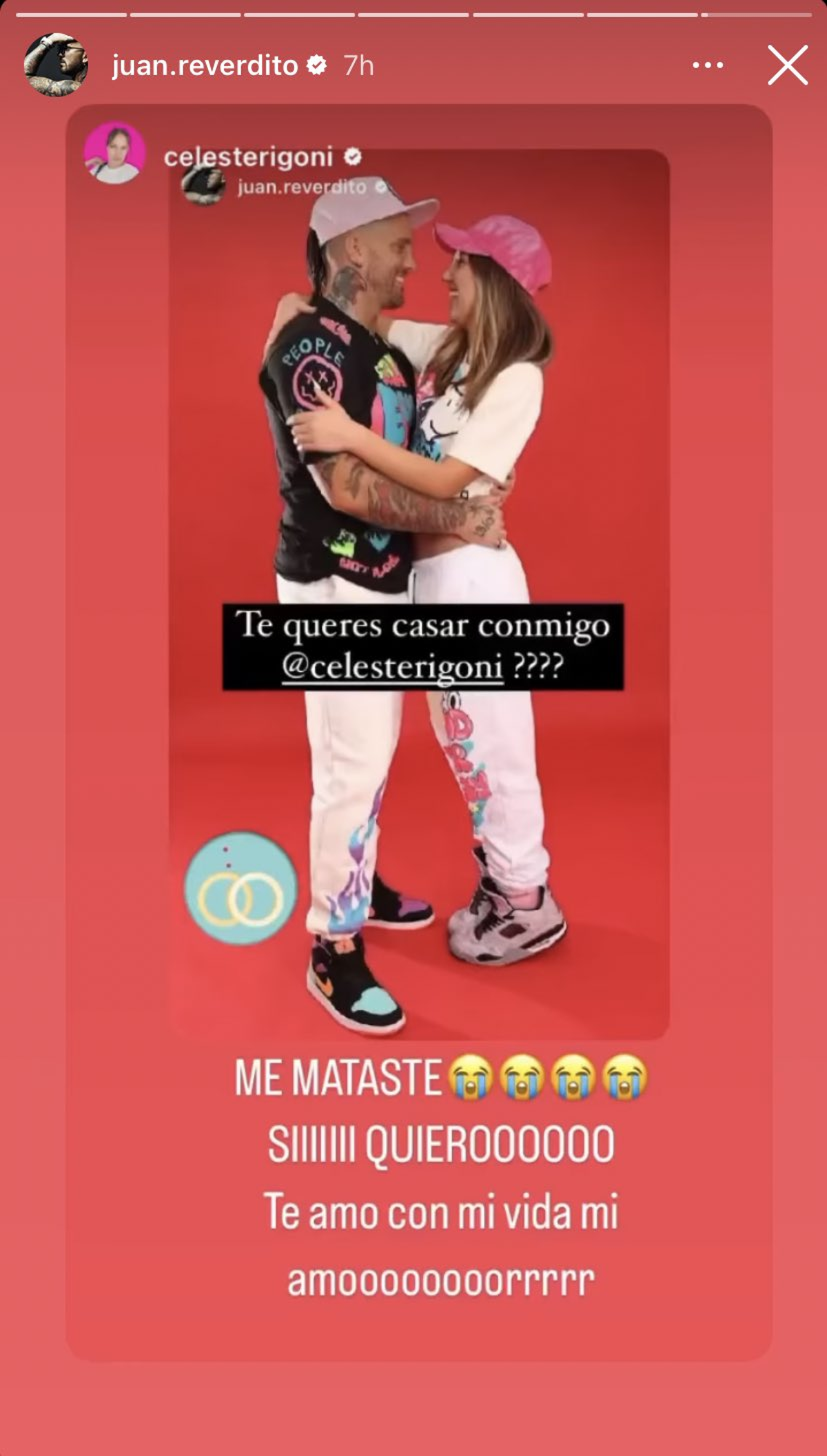 Juan Reverdito le propuso matrimonio a su pareja mediante Instagram. Juan Reverdito le propuso matrimonio a su pareja mediante Instagram.
