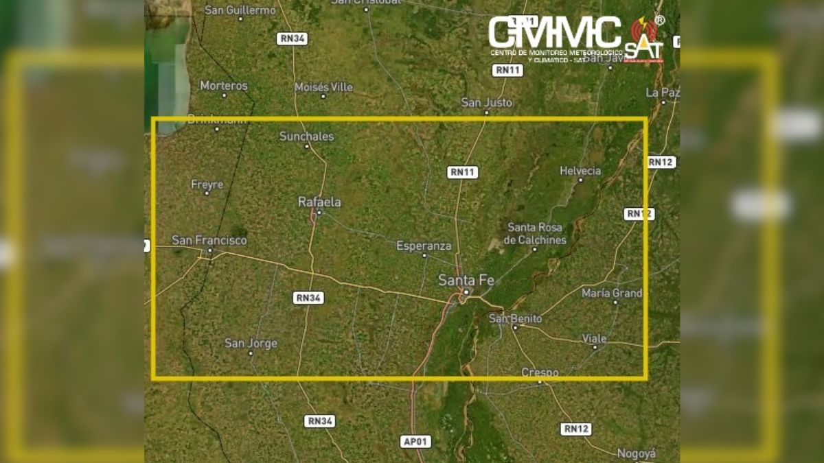 El &aacute;rea en alerta incluye localidades como Rafaela, Esperanza y Sunchales, donde podr&iacute;an registrarse lluvias intensas, r&aacute;fagas y granizo.