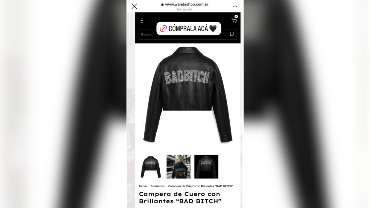 La campera de cuero con la inscripción “Bad bitch” supera el millón de pesos y remite a su faceta musical. La campera de cuero con la inscripción “Bad bitch” supera el millón de pesos y remite a su faceta musical.