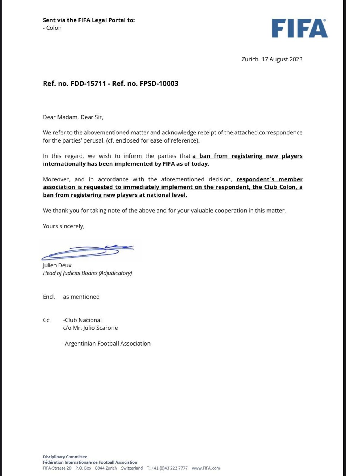 La notificación de FIFA que llegó a Colón por la inhibición. La notificación de FIFA que llegó a Colón por la inhibición.