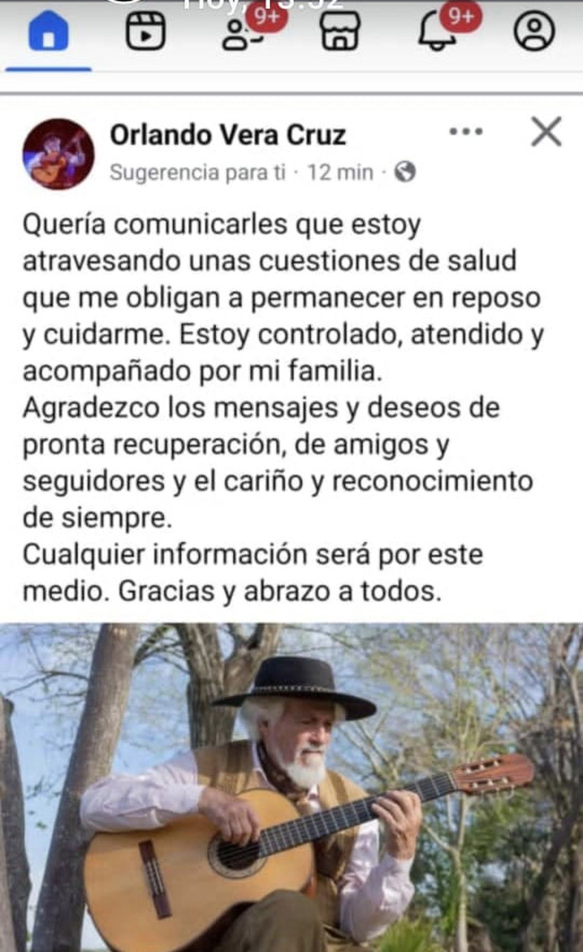 A través de sus redes sociales, el artista informó: “Quería comunicarles que estoy atravesando unas cuestiones de salud que me obligan a permanecer en reposo y cuidarme. 