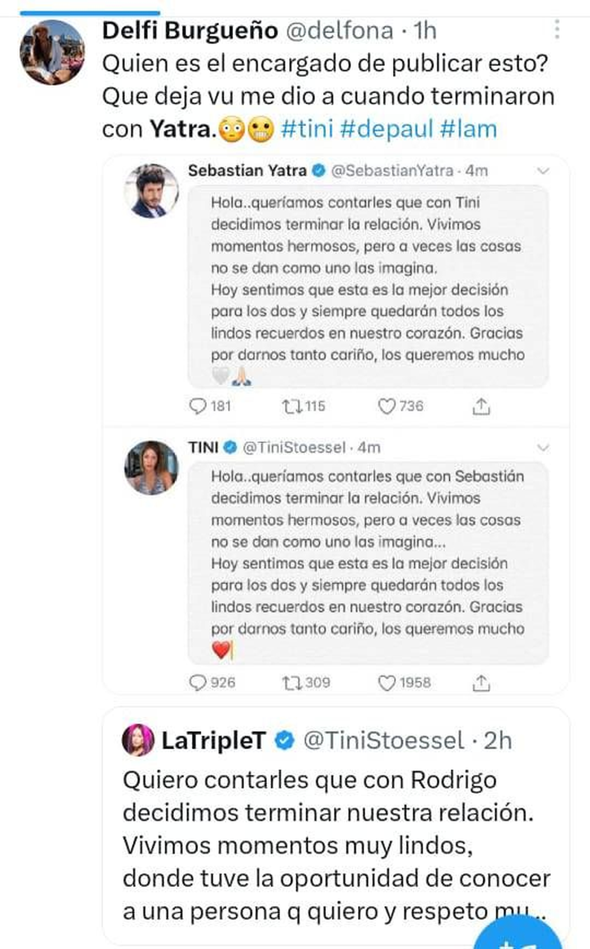 Tini Stoessel había confirmado su separación con Yatra con un mensaje muy similar al que eligió para confirmar su separación con De Paul. Tini Stoessel había confirmado su separación con Yatra con un mensaje muy similar al que eligió para confirmar su separación con De Paul.
