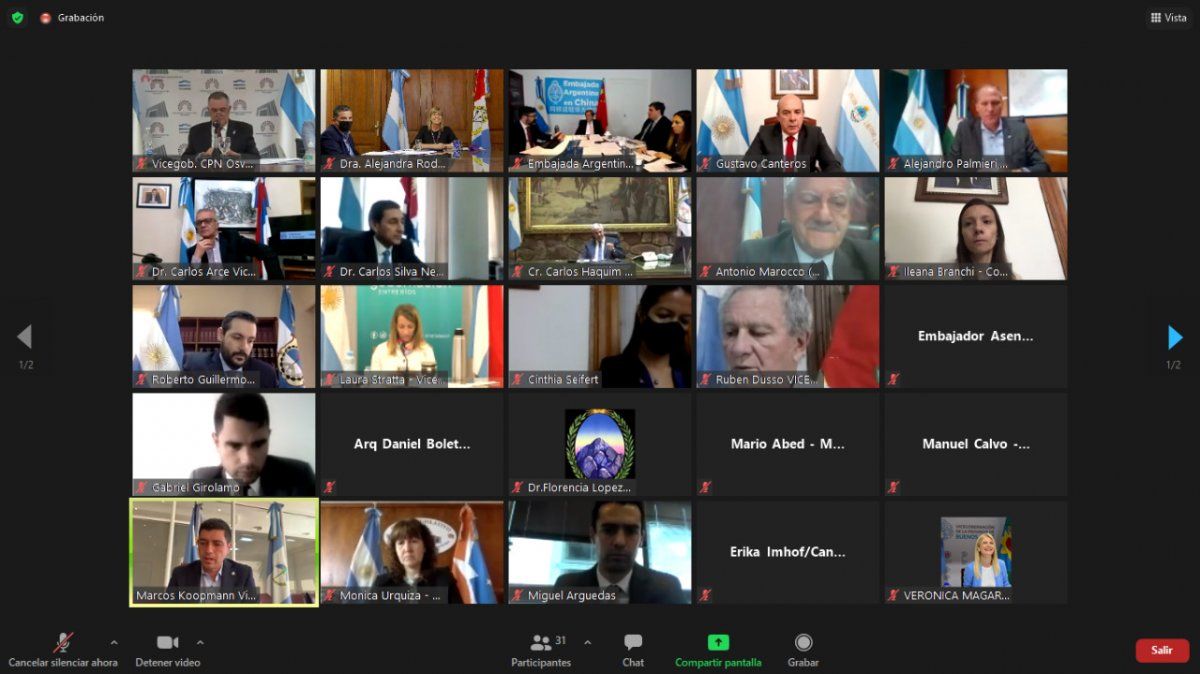 Videoconferencia: Alejandra Rodenas junto al secretario de Comercio Exterior de la provincia, Germán Bürcher y pares de otras provincias. Un encuentro virtual con el embajador argentino en el país asiático, Luis Kreckler