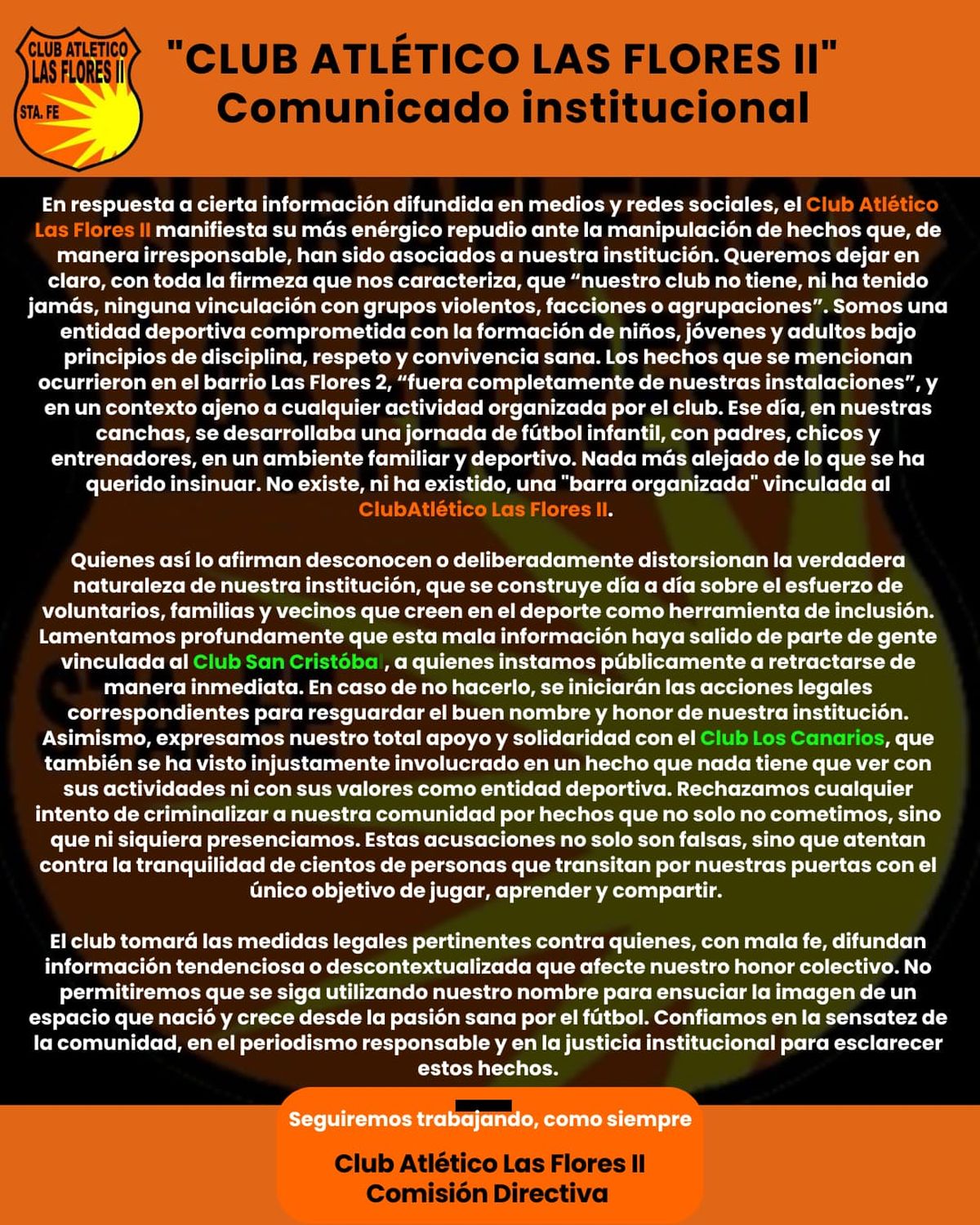 El comunicado del Club Atlético Las Flores II. El comunicado del Club Atlético Las Flores II.