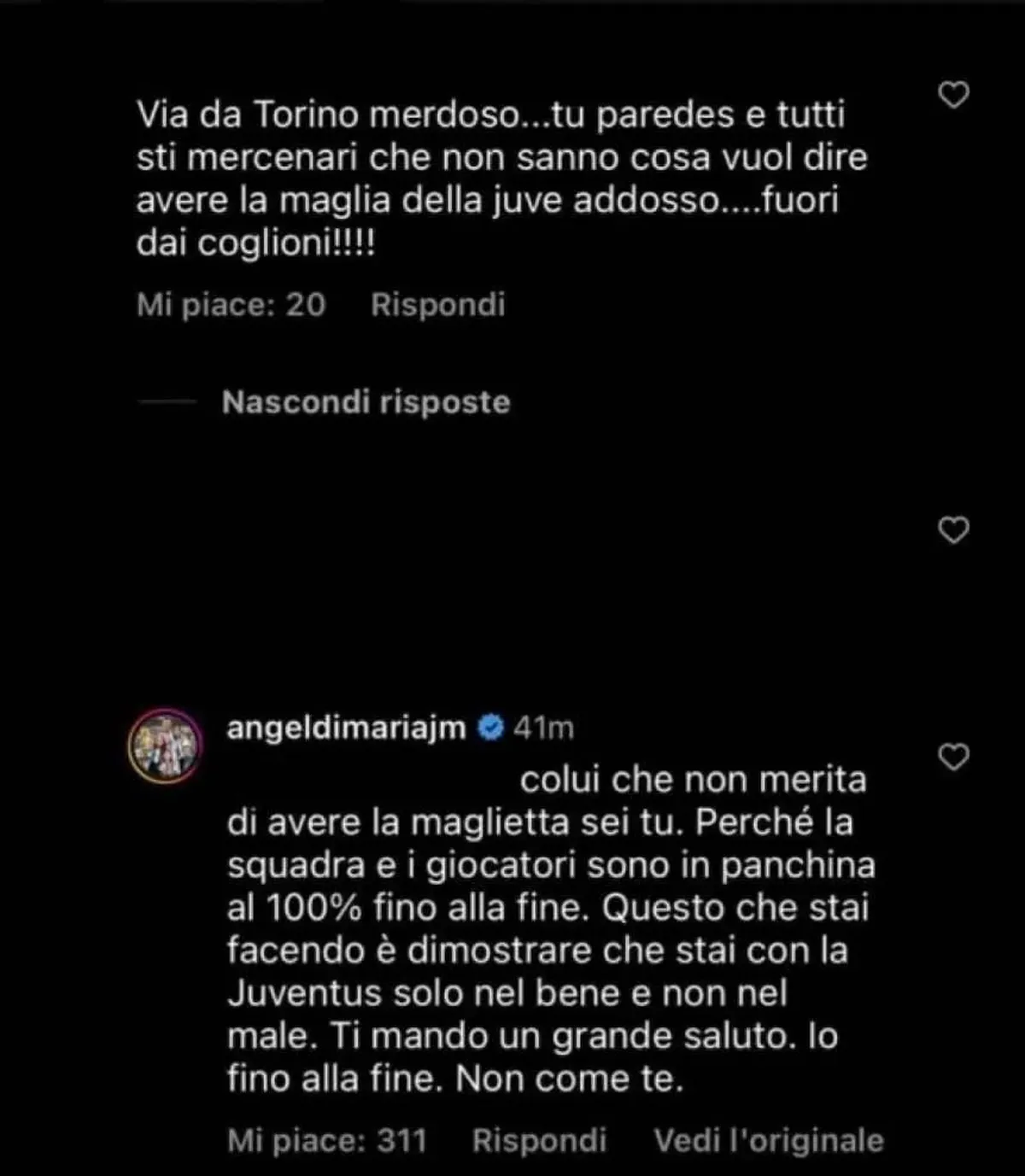 Ángel Di María y su esposa discutieron con los hinchas del Juventus en las redes sociales.