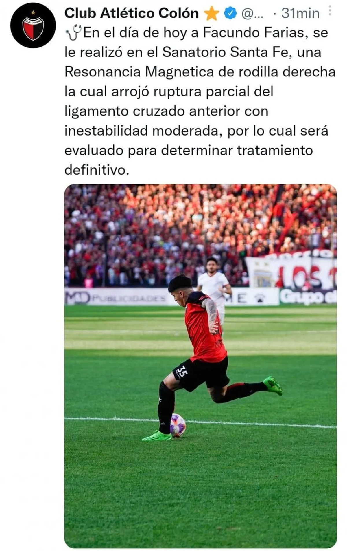 El comunicado de Colón que hablaba sobre lesión de Facundo Farías.