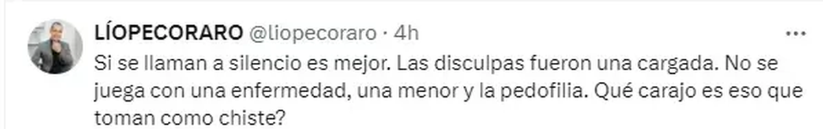 Lío Pecoraro y su pedido de explicaciones a Alejandro Fantino tras el brutal chiste en Neura que involucró pedofilia y cáncer infantil. Lío Pecoraro y su pedido de explicaciones a Alejandro Fantino tras el brutal chiste en Neura que involucró pedofilia y cáncer infantil.