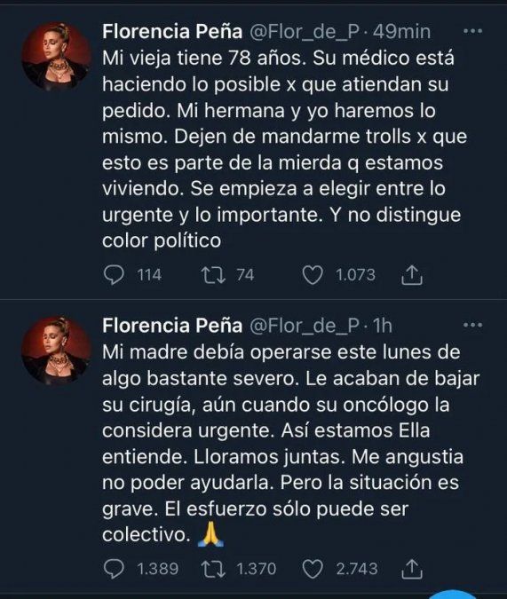 Florencia Peña se refirió a la difícil situación que está atravesando junto a su familia 