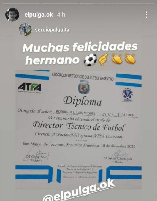 La historia de Instagram de Sergio Rodríguez, hermano del Pulga, para dar a conocer que el jugador de Colón se recibió como entrenador.