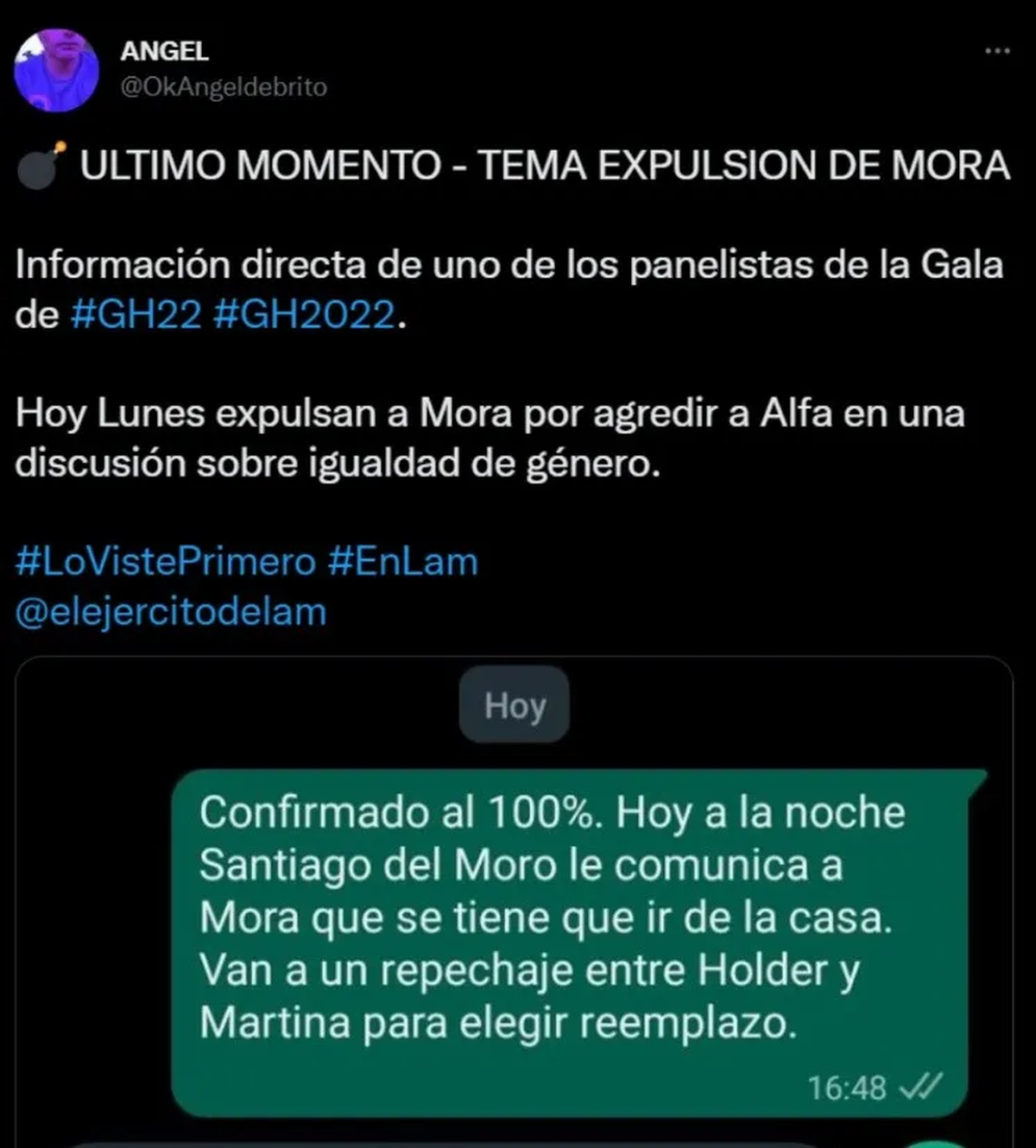 El tuit que inició el rumor de la expulsión de Mora.