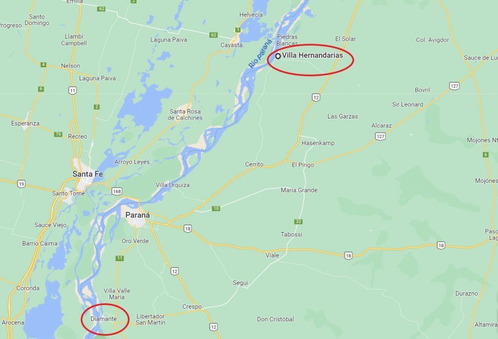 Hernandarias queda aproximadamente a 140 km rio arriba de Diamante. Ambas localidades se ubican sobre la costa del río Paraná y en ellas se realiza el relevamiento.
