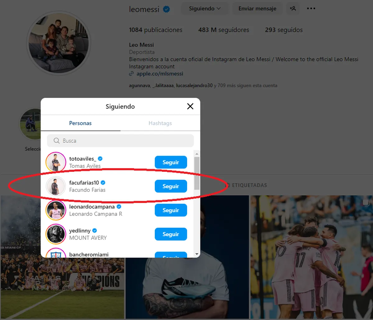 Lionel Messi comenzó a seguir a Facundo Farías en Instagram. Lionel Messi comenzó a seguir a Facundo Farías en Instagram.