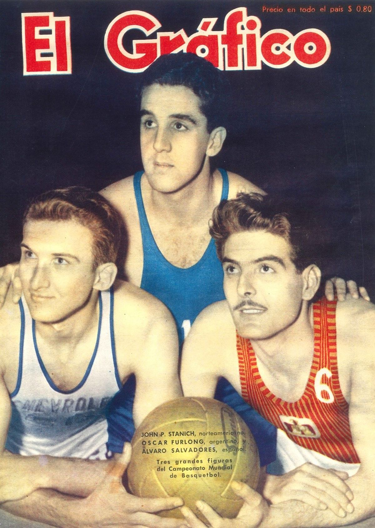 En la edición previa al inicio del certamen, la revista El Gráfico reunió a tres jugadores que finalmente integrarían el quinteto ideal del campeonato. Desde la izquierda, el estadounidense John Stanich, el argentino Oscar Alberto Furlong que, además, sería elegido como el MVP (o Jugador Más Valioso) del Mundial, y el español Álvaro Salvadores Salvi.