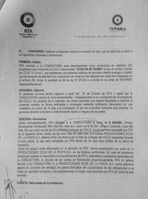 El contrato que se difundió y que mostraba el sueldo que cobraba Soledad Pastorutti por el programa.