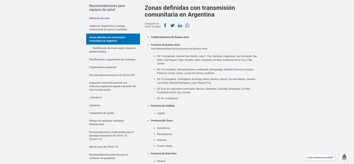 Captura de panalla (1/2) de la lista de zonas de transmisión comunitaria del Ministerio de Salud de Nación.visibility