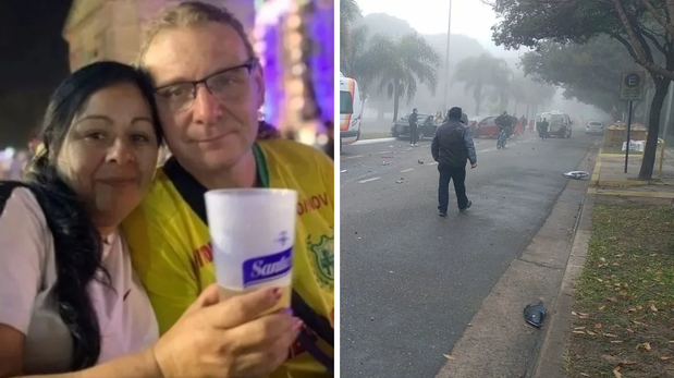 A la izquierda, Norma Beatriz López y Marcos Oscar Arias, el matrimonio que murió atropellado en noviembre de 2024 en la Costanera de Santa Fe. A la derecha, la imagen del violento choque ocurrido este miércoles, donde cuatro vehículos protagonizaron un impactante accidente a solo 200 metros del lugar de aquella tragedia. &nbsp;