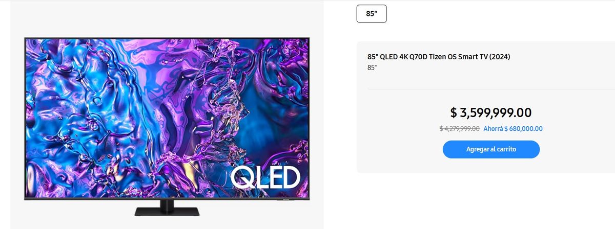 Precio de un TV 85 pulgadas en Samsung.