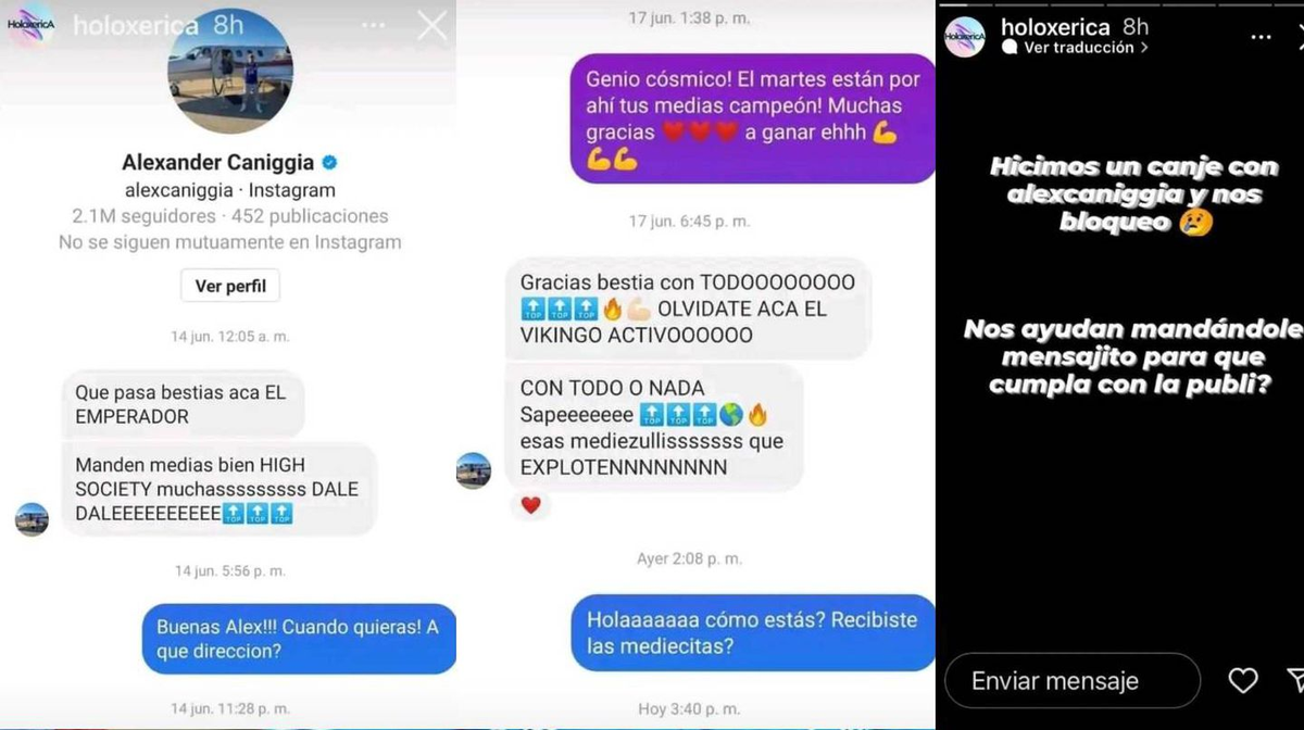 Alex Caniggia bloqueó a una marca que le dio canje.