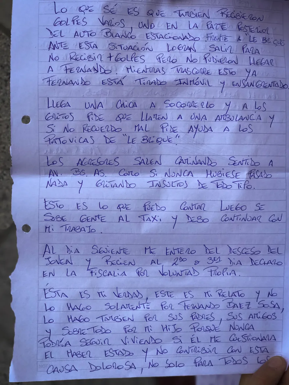 La carta tiene cuatro páginas y fue escriba por Marcos Acevedo, a las que tuvo acceso Télam.
