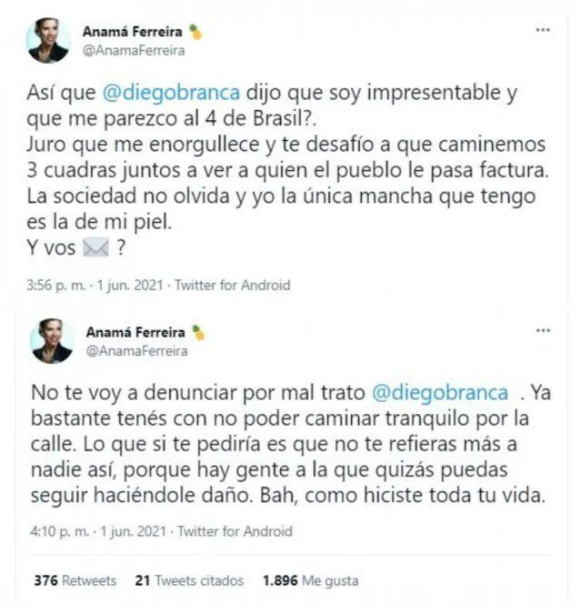 Los dichos de Diego Brancatelli provocaron la furia de Anamá Ferreira, quien planea llevarlo al INADI en una denuncia. 